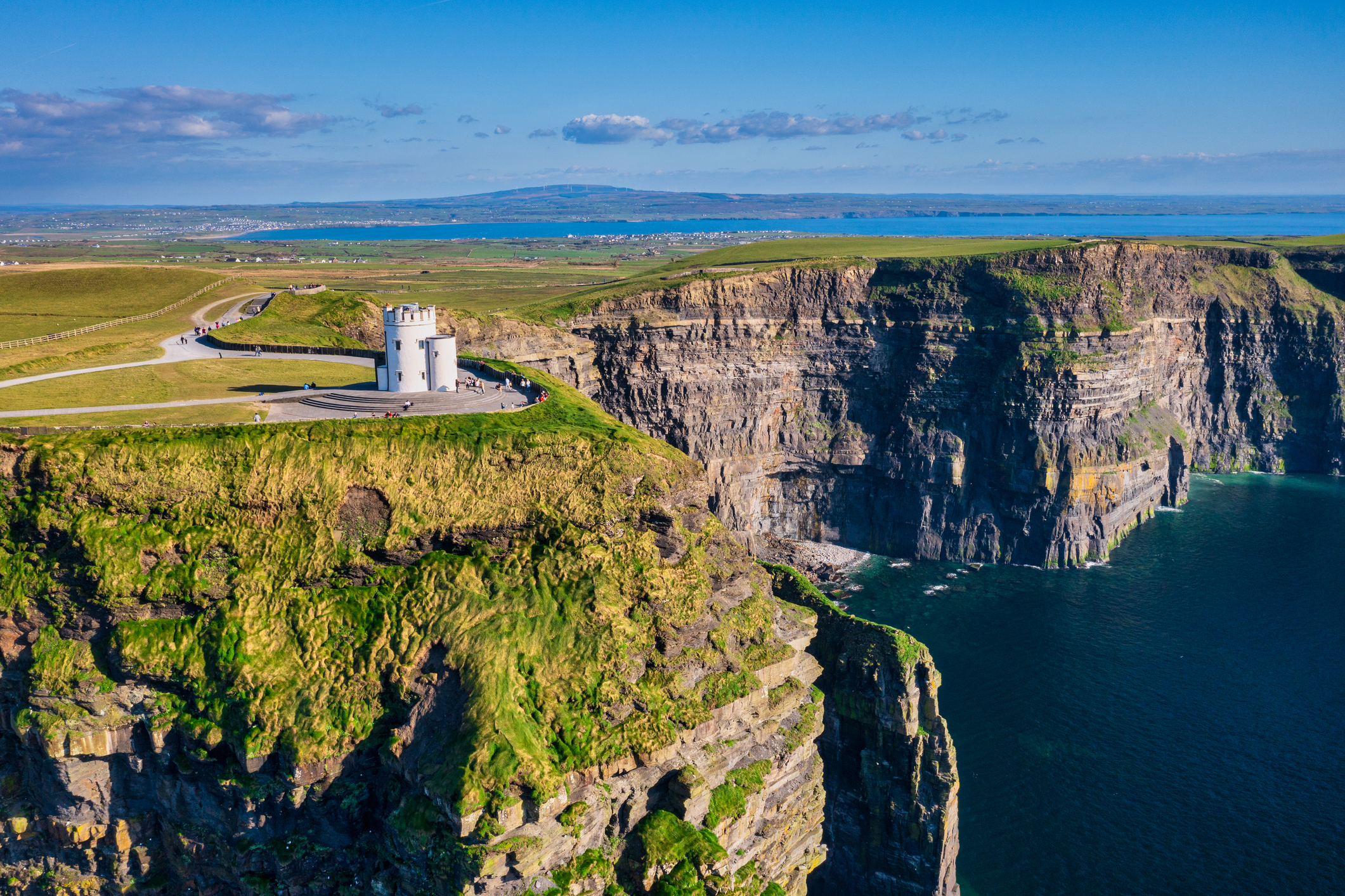 Aerial landscape with the Cliffs of Moher in County Clare, Ireland.