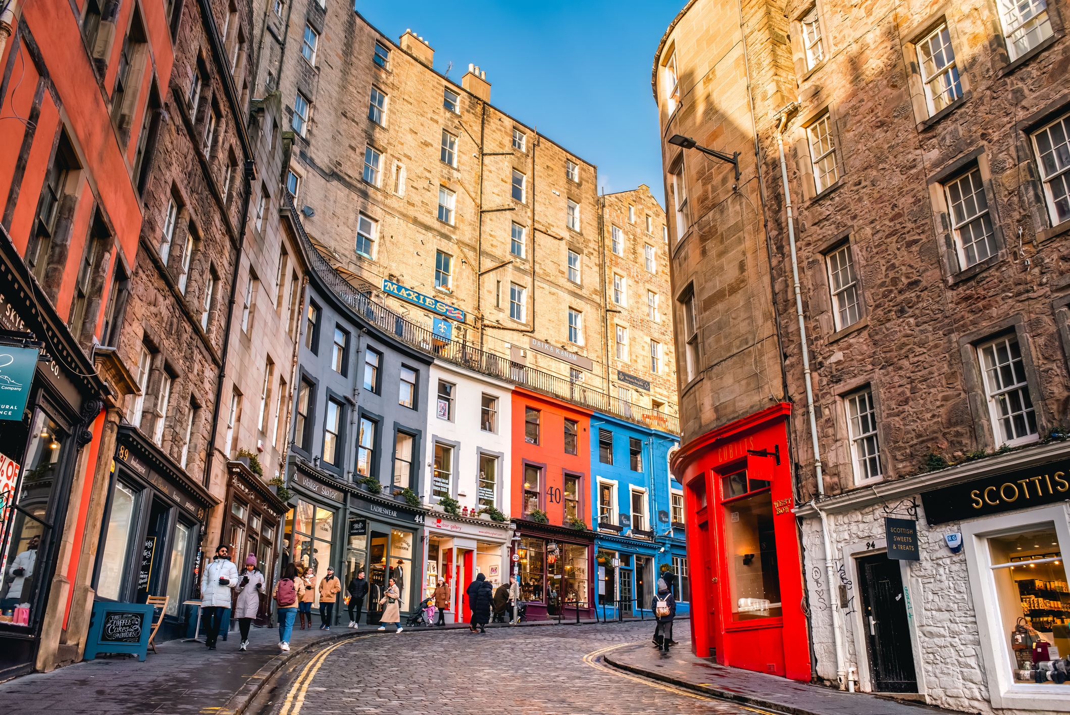 Colorful store fronts along West Bow and Victoria Street in Edinburgh, Scotland romantic hotel edinburgh